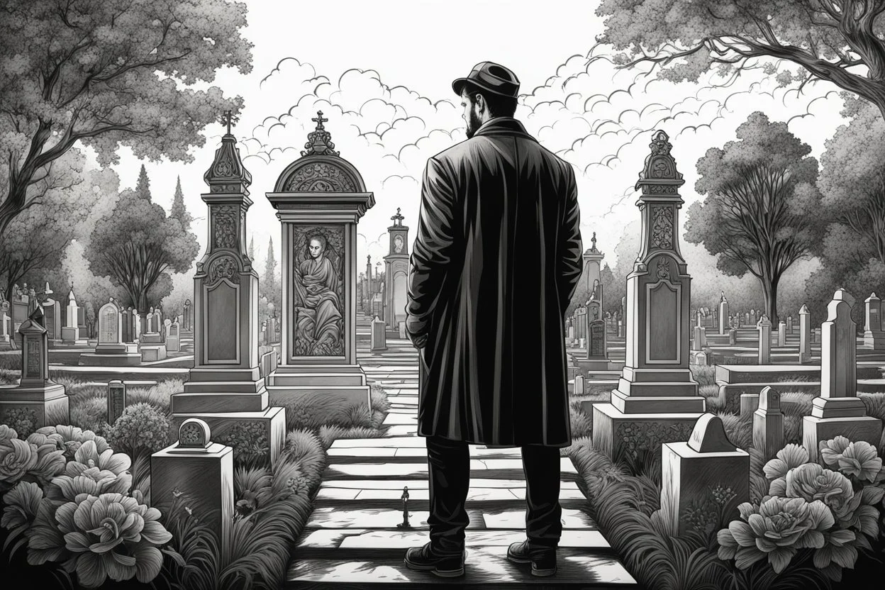 Man standing a front of his mom grave in Cemetery in 8k tattoo drawing style, out of the Frame, intricate details, highly detailed, high details, detailed portrait, masterpiece,ultra detailed, ultra quality