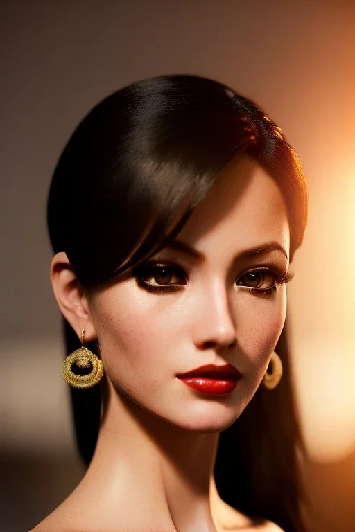 Young business woman, dark orange eyes, dark brown hair, elegant hair, thin lips, gold hoop earrings, waist up portrait, 8k resolution, intricate details, ornate details, soft lighting, vibrant colors, retroanime, masterpiece, realistic, intricate eyeliner, dark eyeshadow, eyes,futuristic cityscape background