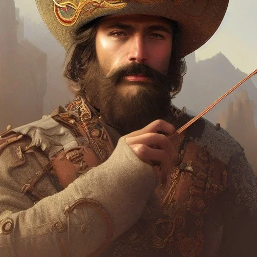 portrait,"Insanely detailed photograph of a male western mustachioed crossbowman", charo detailed, sequenced Sombrero, detailed D20 flair, digital painting, artstation, concept art, smooth, sharp focus, illustration, art by artgerm and greg rutkowski and alphonse mucha, 8 k,fantasy, unreal engine