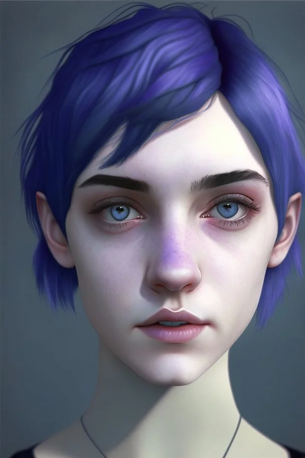 Realistic female teenager with pale skin, big grey eyes, blue and purple short hair, angular facial features, round face, prominent collarbones, black clothing