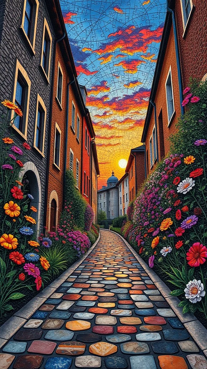 Bosch painting style "Midnight Serenade unique" low view angle shot down sunset large close up a beautiful street with colorful wild flowers on both sides , granite terrazzo motifs with puzzle modern , clothing is decorated with colorful filigree abstract, Collage chutes papiers magazines,Spirograph background by Nisa Kiley, Textile Artist،