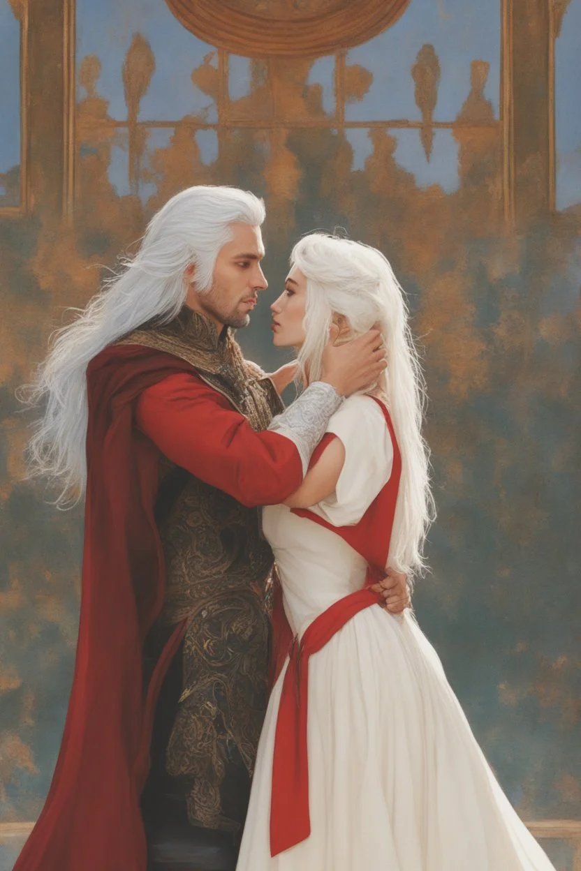 Couple from dnd passionate kiss, woman with white hair wearing a dress, man with long black hair tunic and red cloak.