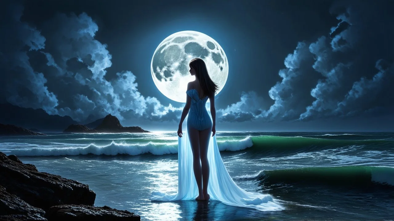 Beneath the luminous glow of the supermoon, a spectral figure emerged from the rocky shore, her translucent form shimmering like moonlight on water. She stood tall, beckoning the tides with an ethereal grace, a guardian of the ancient sea. Legends whispered of her power to calm storms and guide lost sailors home. As the waves danced at her feet, she sensed a presence—a lost traveler—drawing nearer, unaware that the moon's light was not just a gift, but a warning.