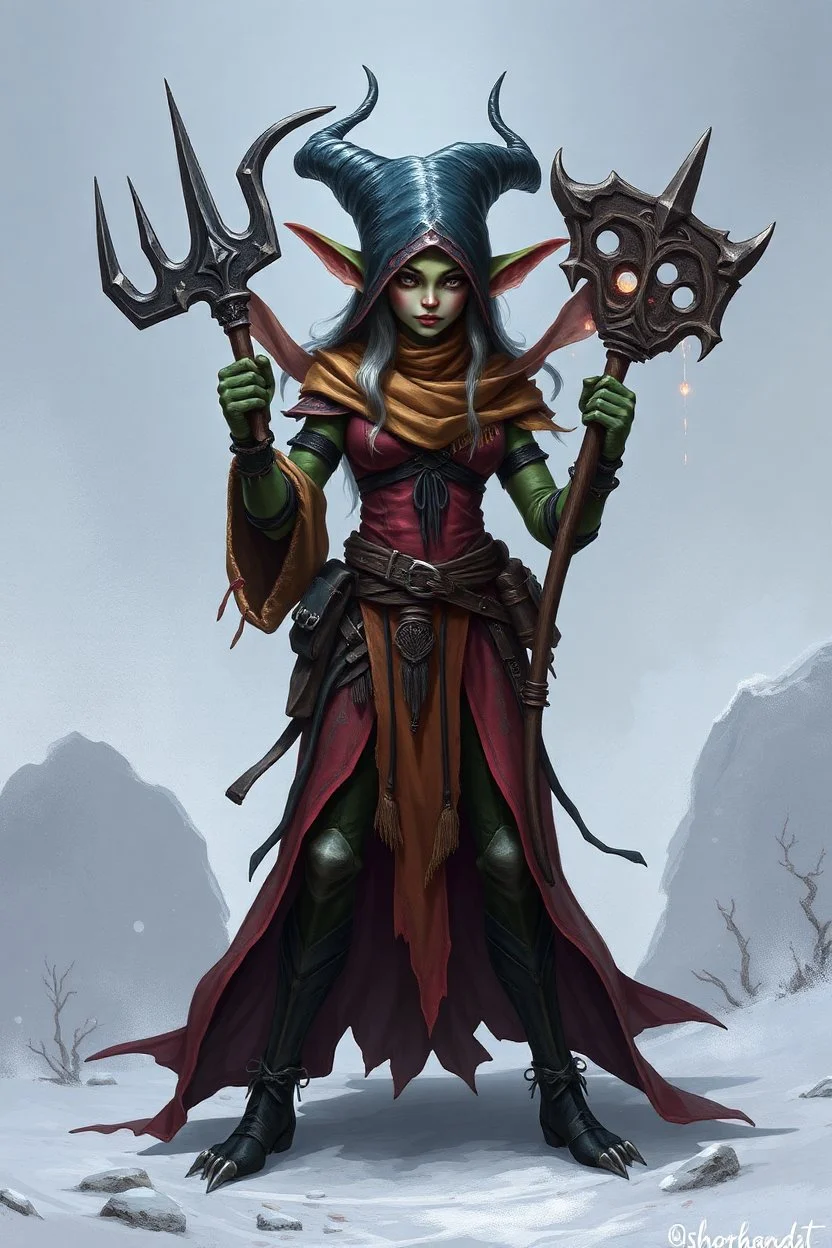 a goblin witch, humanoid, fantasy, bandit, female, ice, pretty, attractive