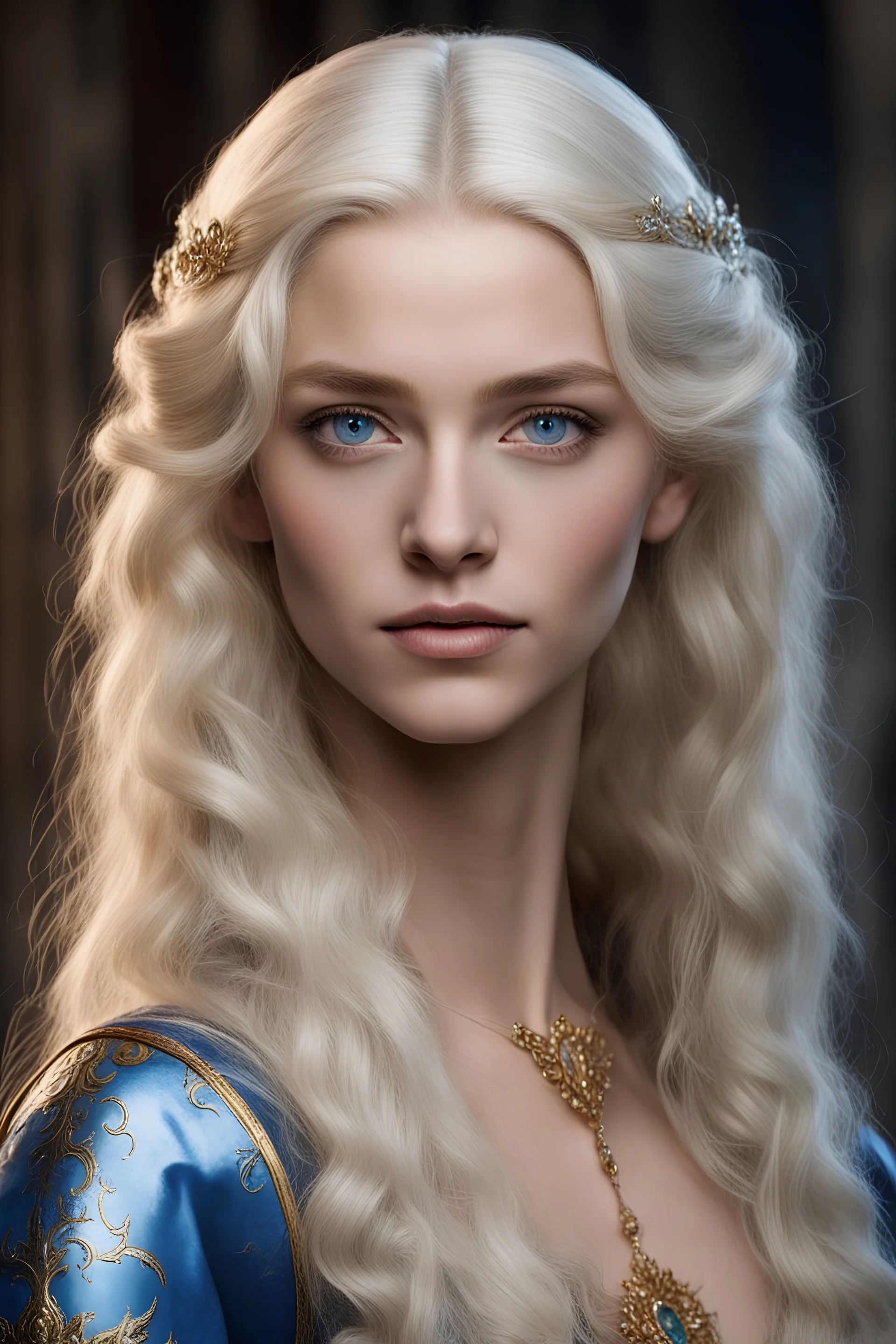 Maegelle Targaryen, aged 16, epitomizes Targaryen allure with her golden locks and sapphire eyes. Despite her royal lineage, her demeanor exudes youthful innocence and curiosity. She boasts a slender frame adorned with delicate features, framed by cascading golden hair. Her sapphire-blue eyes reflect wisdom beyond her years, contrasting with her porcelain skin and high cheekbones. Clad in Tudor-inspired attire, including a French hood and pale blues and teals, she embodies timeless elegance amid