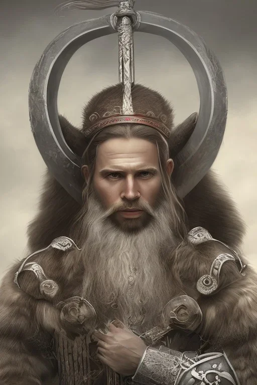 Viking style, 8K, a Highly detailed stunning portrait of Dom man with a kneeling submissive woman, white suit, beard, and short hair, bad boy,