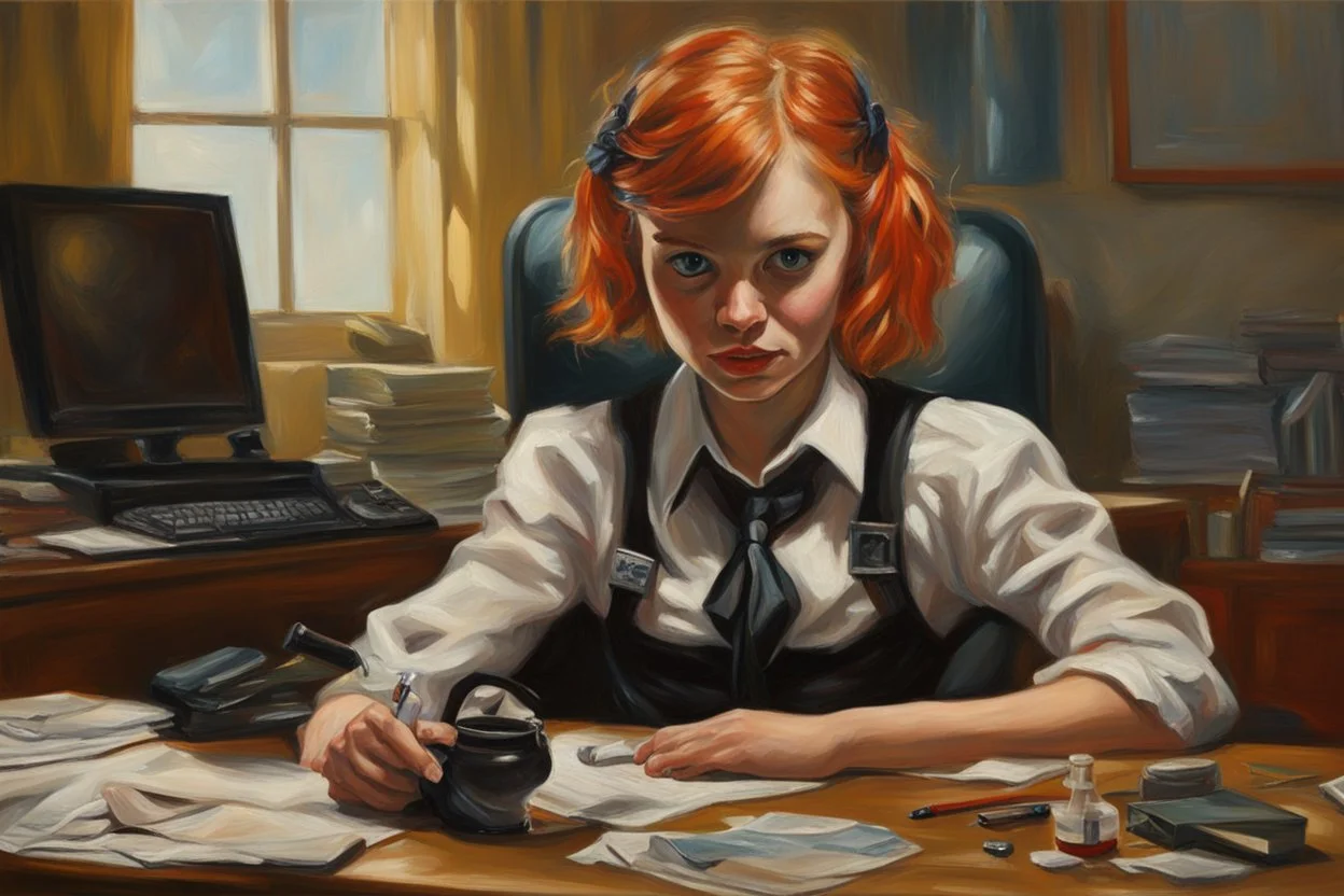 kitten girl secret agent joker in an office in sunshine, very detailed, oil painting