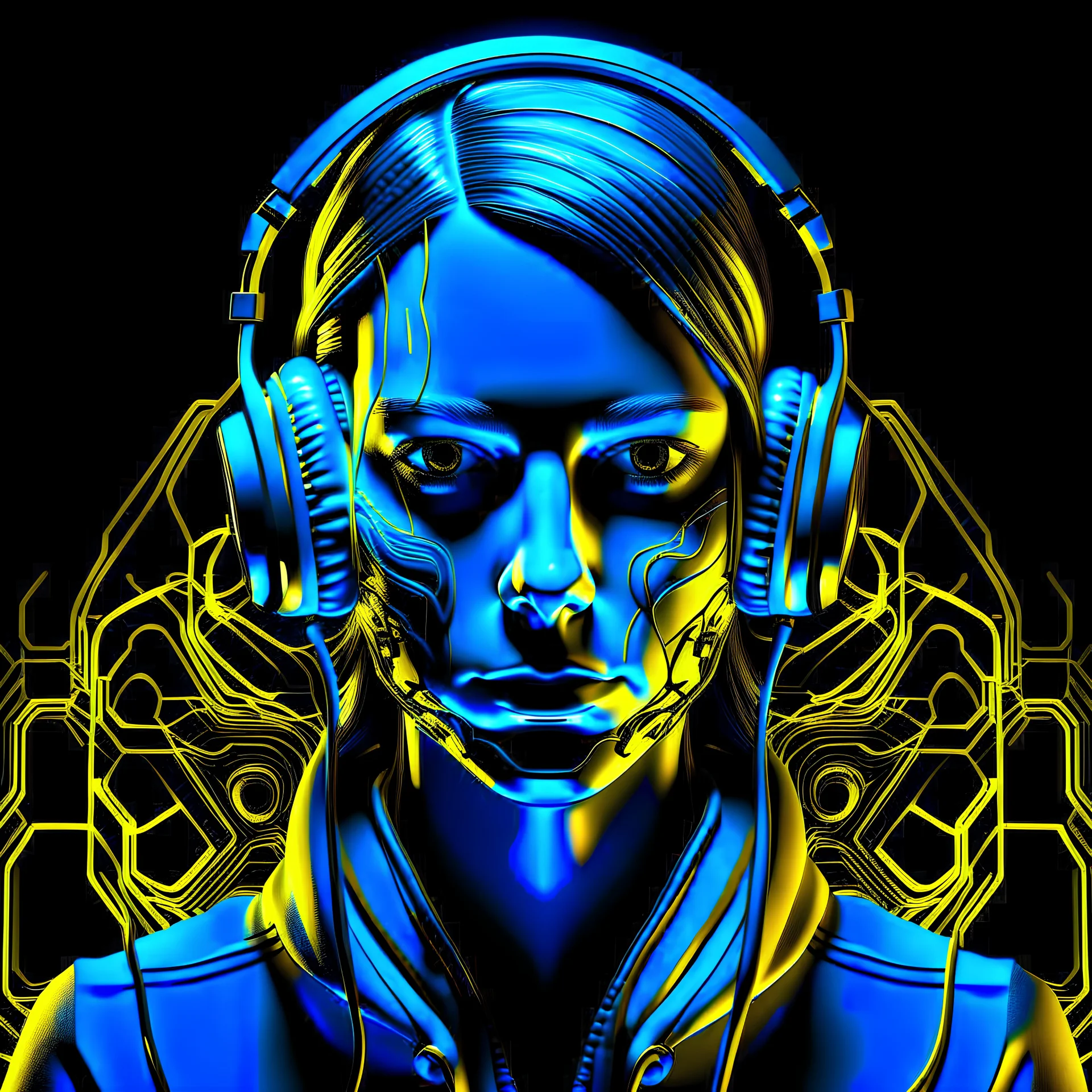 Girl face headphones and a neon blue with gold filter