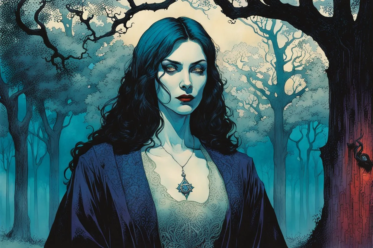 create a fine art print illustration of a 13th century Jewish female vampire clothed in an ornate bliaud with highly detailed feminine facial features, surrounded by ancient oak trees, in the old city of Krakow, shrouded in a fetid mist at midnight , in the comic book art style of Bill Sienkiewicz, and Jean Giraud Moebius, finely textured, drawn, colored, and inked