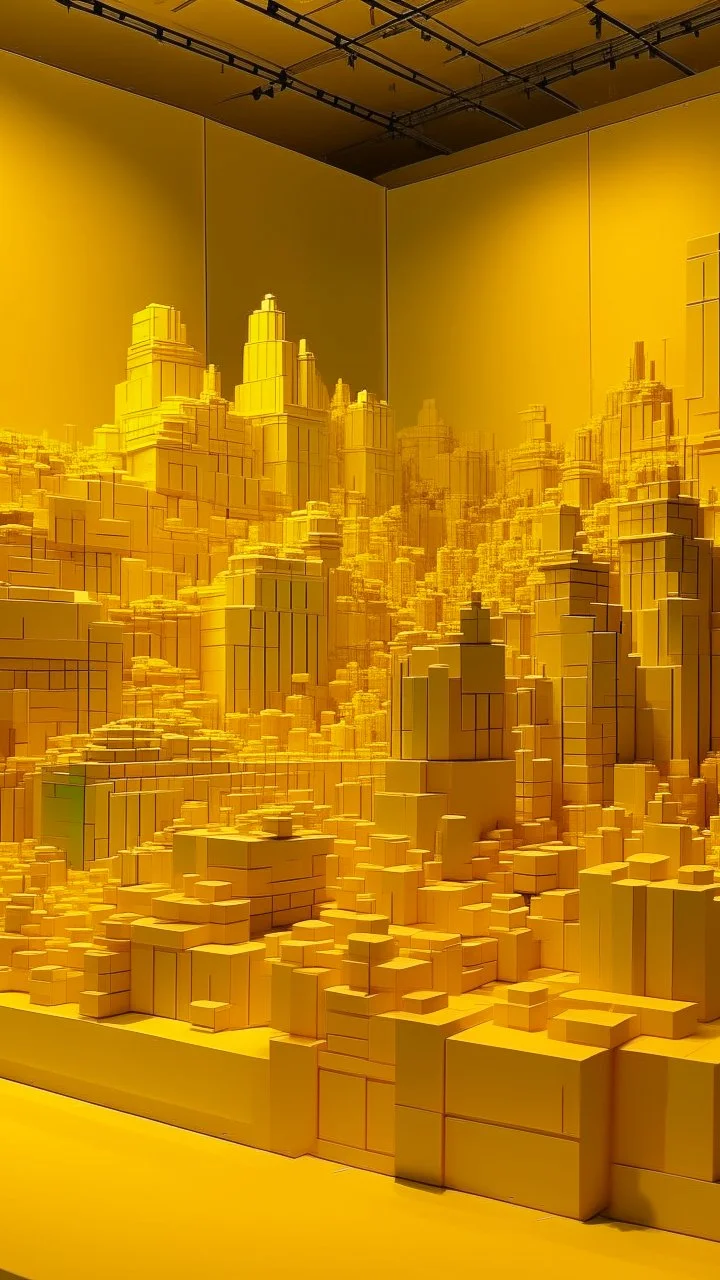 A golden yellow city made out of blocks painted by Claude Monet