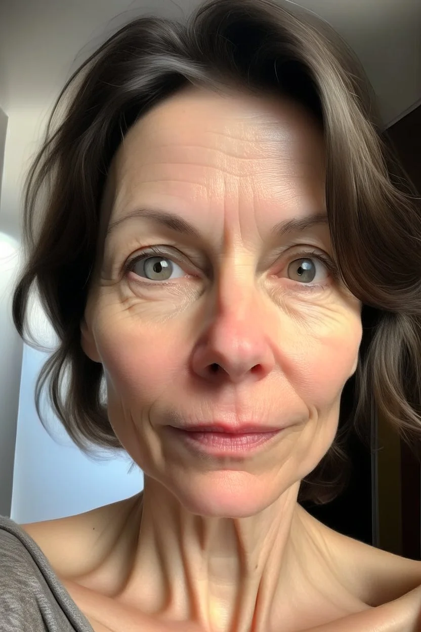 A selfie of a brunette woman, middle short hair taken after massage at spa salon. showing a 47-year-old European woman. She has white skin, tousled brown hair, face without makeup, big round dark brown eyes, cute profiled nose, detailed full lips, skin texture.