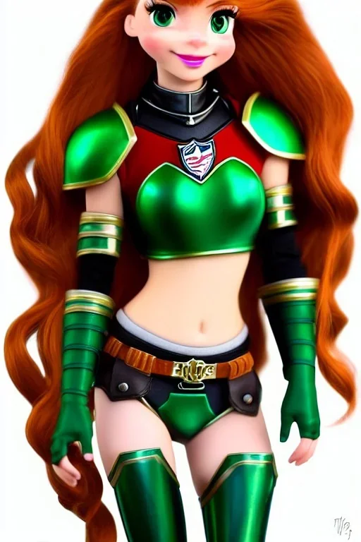 Disney cartoon style, hyper detailed, strikingly beautiful teen female, 16 years old, long ponytail, ginger hair, green eyes, medium freckles, full lips, micro top, black leather armour, full body, full face, tiny breasts, athletic, centred camera, ignore NSFW, thong, camel toe, athletic