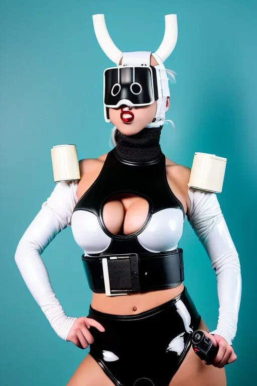 Cyber-punk style camera-mask. Large fencing mask covers cheeks. Trim girls. Reflective white plastic skin. Camera lenses as eyes. Head full of integrated old-fashioned cameras. Golden to cyan surfaces body, latex. Perfect body, thick thighs and calves. Asa Akira. Selfies with old-fashioned cameras in both hands. Wide hip, skirt bleats nicely. Camera at mons veneris and nipples. Partly symmetrical. Three Cameras hanging on wide plastic belt. Euclidean 3D-tiling. Fractal-camera-lens.Minimalism