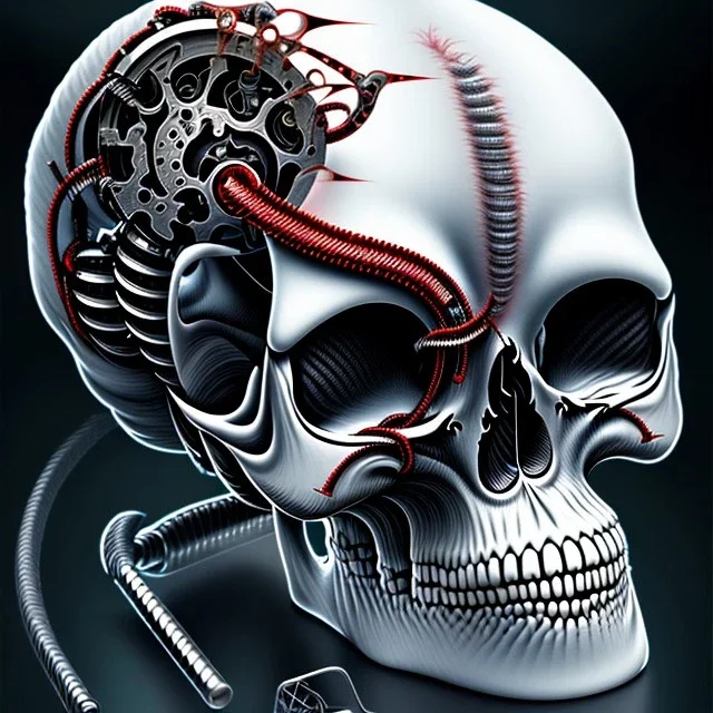 "hand screw clamp" gripping human skull, striped caution detailing, robotic arms holding these clamps, Phyrexian background