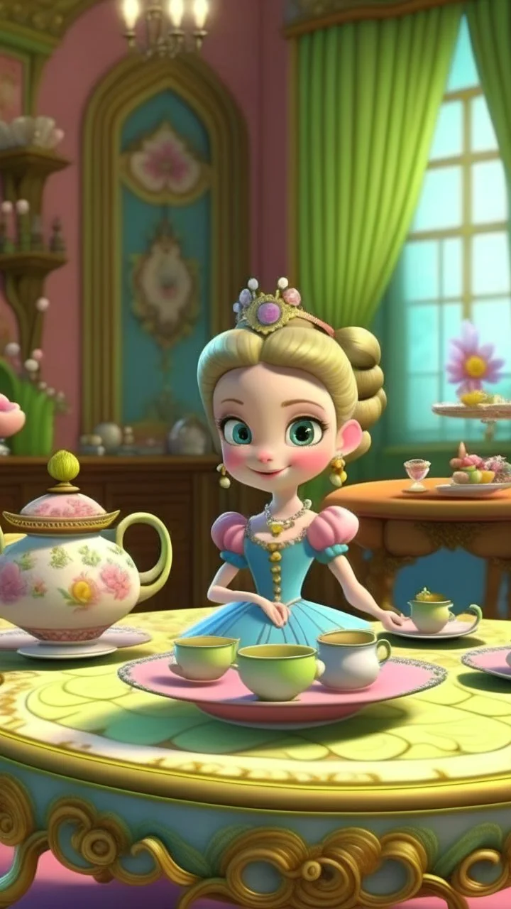 Princess Penelope's desire to host a magical tea party, cartoon,3D