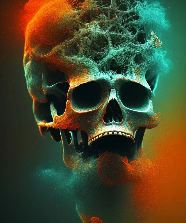 broken skull. black background. smoke and explode. particles in air. teal and orange. abstract. beksinski.