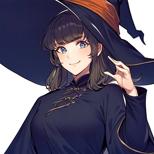 retro style, witch, witch hat, witch robe, expression smiling, portrait