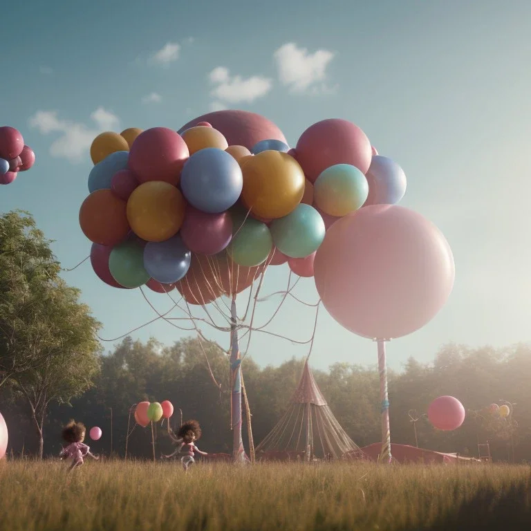 Ultra realistic circus scene. Sweet big hair monster flying. Child’s playing, strong man, smile, happy, color bubbles, smooth color, waist up view, Wes Anderson style, dark ambient, highly detailed, concept art, unreal engine 5, god rays, ray tracing, RTX, lumen lighting, ultra detail, volumetric lighting, 3d, finely drawn, high definition, high resolution.