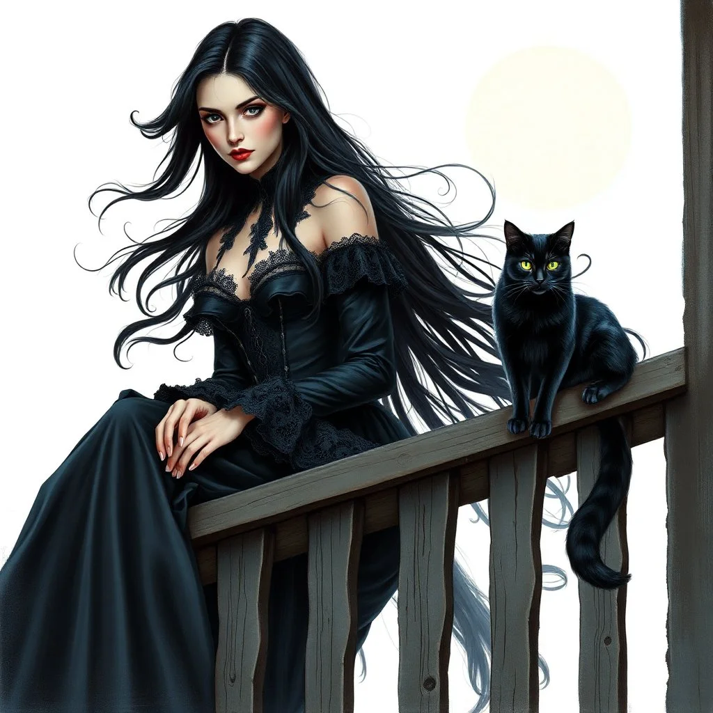 Detailed airbrush and oil illustration of a mysterious woman with long flowing black hair, dressed in an elaborate gothic costume with lace trim and dark velvet. She sits gracefully on the railing of a weathered wooden balcony and looks piercingly at the viewer. Next to her sits an elegant black cat with hypnotic green eyes on the railing, its fur shimmering in the soft moonlight. The background is white to remove