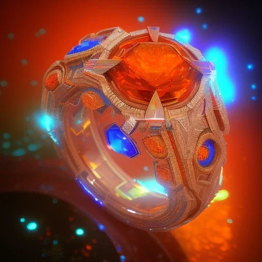 Ring made by diamonds shreds of glass, orange diamonds sparkles, red rubi fragments, surrealism, around, blue lights reflexes, complex structure, gold details, intricate ring shine,Unreal Engine 5, macro lens,sharp focus, photorealistic, hyper detailed, studio lighting, neon light ambient, cinematic lighting trending of by artstation