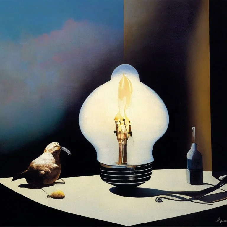 Abstract painting formed by a mix of human flesh-like surgical instruments and universe-like neuralink, a cat looking at a pigeon inside a huge bulb between light and shadow at dusk,surrealism,minimalism,Painting By Adrian Ghenie, Rene Magritte, Salvador Dali, Lucian Freud