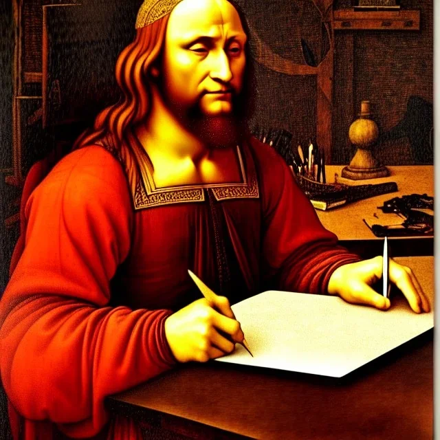 leonardo da vinci works on laptop at his desk. painting in photoshop. hyperdetailed, warm colors, movie poster, oil on canvas,