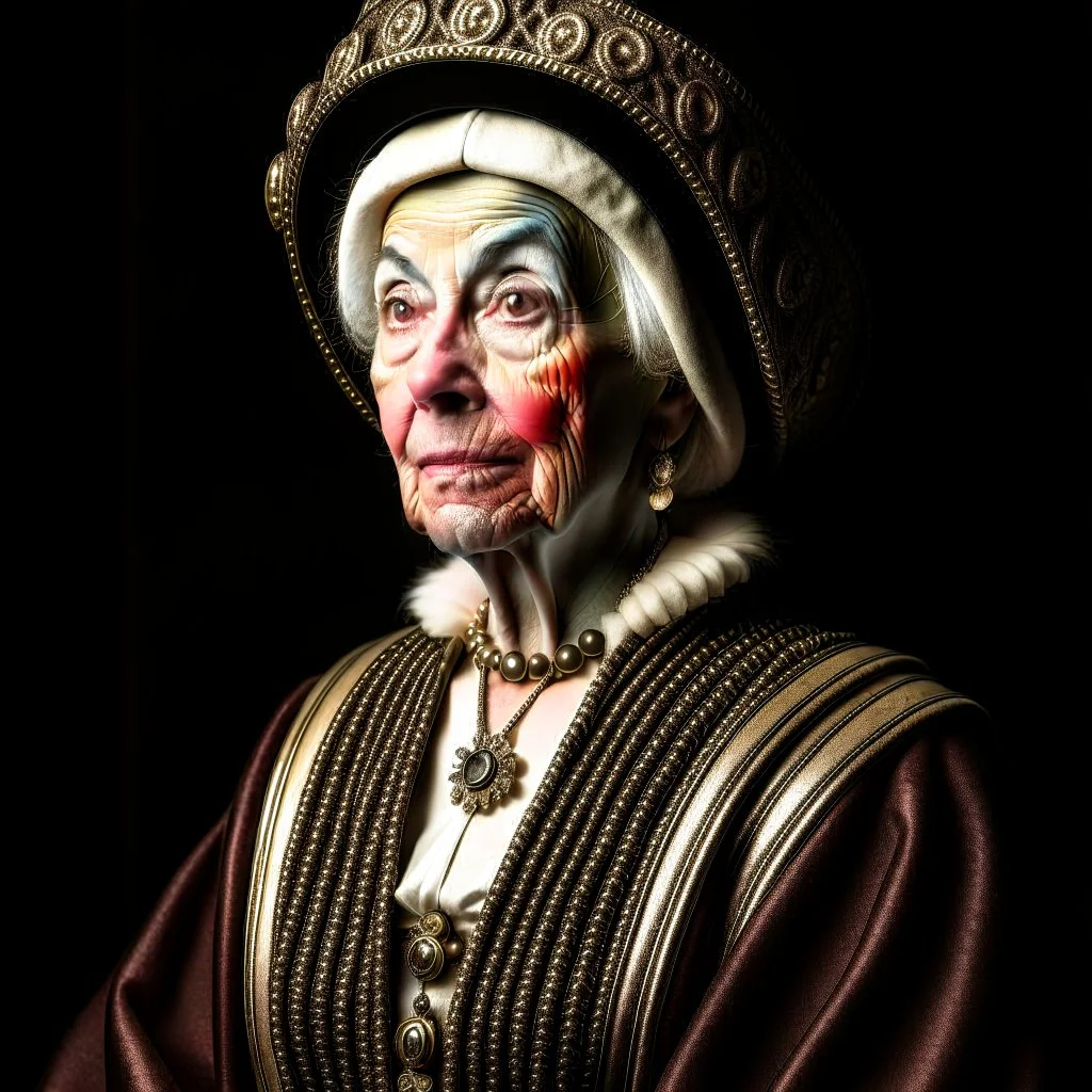 A portrait of an elderly british aristocrat woman from XV century in strict expensive clothes