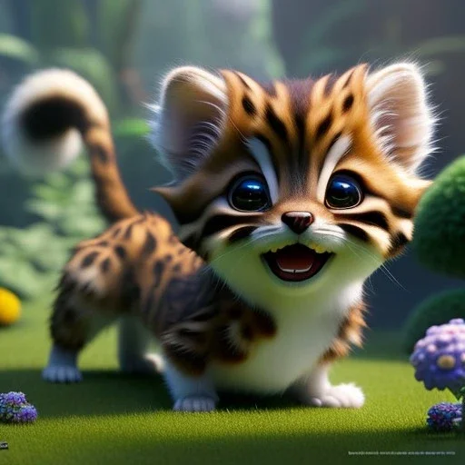 pixar style, volumetric garden environment and background, realistic painting of a cute midget savannah kitten laying on the ground, looking excited, detailed digital painting, extreme dense and fine fur, anime, ornate, colour-washed colors, elegant, small minutiae, tiny features, particulars, centered, smooth, sharp focus, renderman gofur render, 8k, uhd, detailed eyes, realistic shaded volumetric lighting, sunlight caustics, backlight, centered camera view