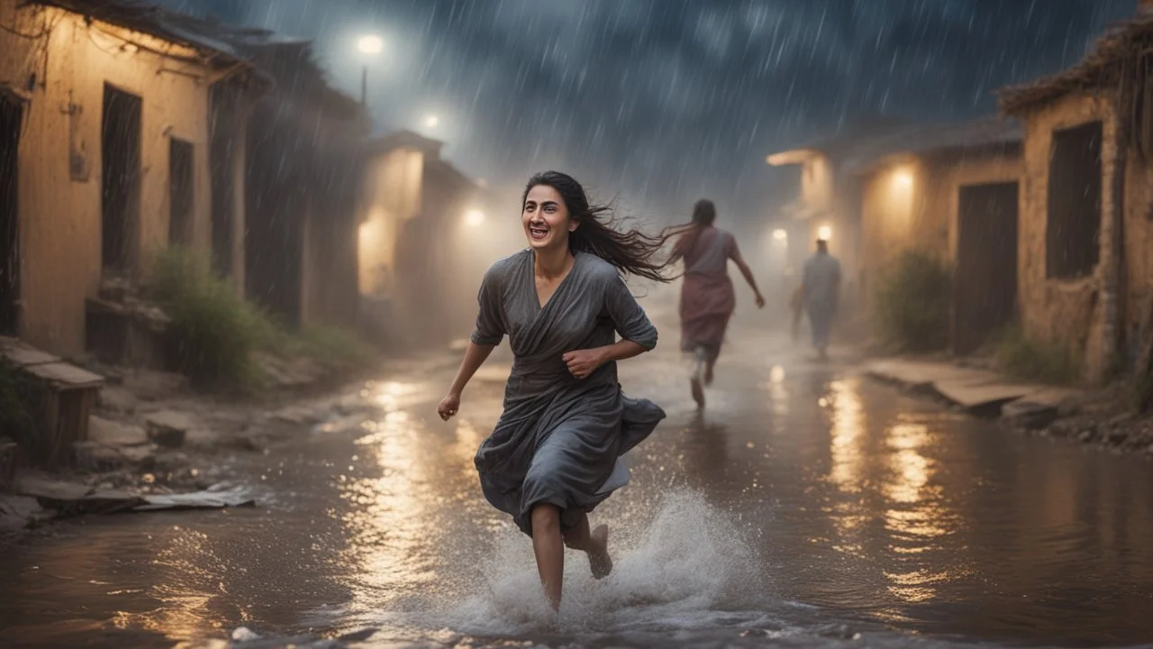 Hyper Realistic Beautiful-Happy-Pashto-Woman running across the streets of her village riverside at heavy-rainy-night with dramatic-&-cinematic-ambiance