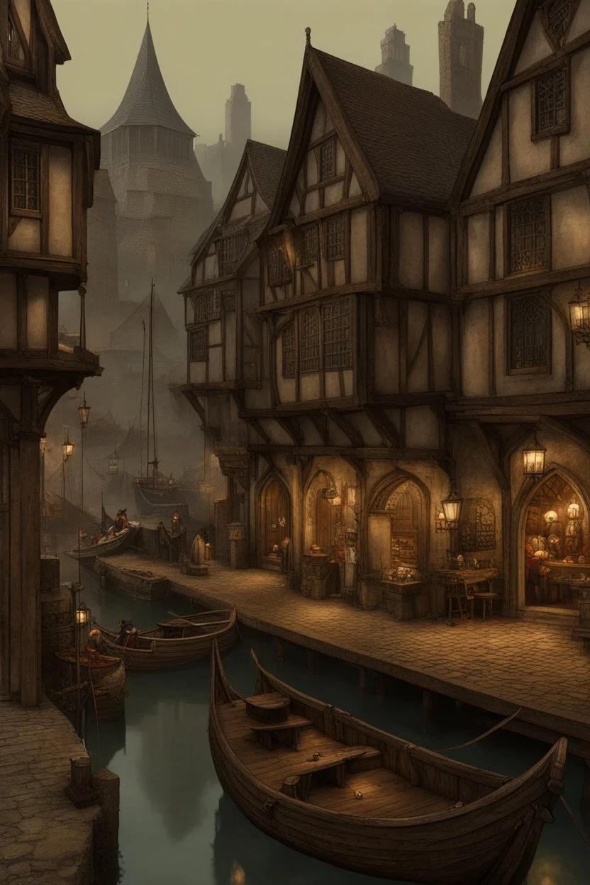 gothic medieval harbour with ships, piers, houses, shops, inns, balconies, plants, people, market