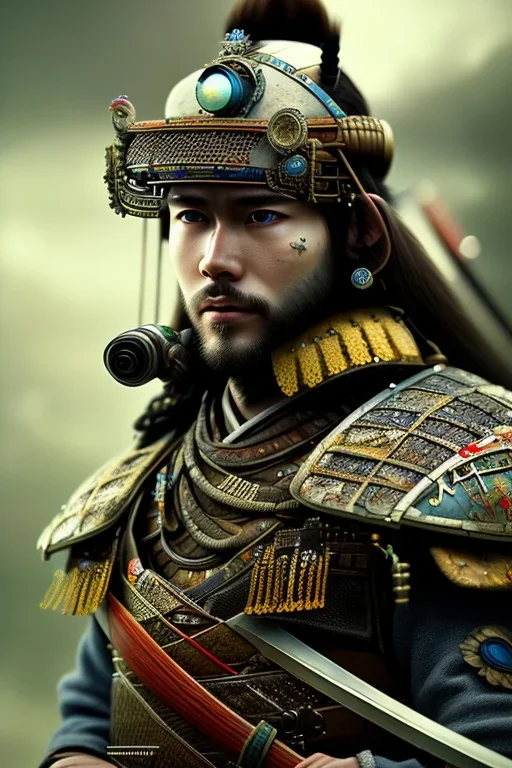 full portrai of samurai gaspunk,high detail, volumetric lighting, tiny features, intricate detail,volumetric clouds