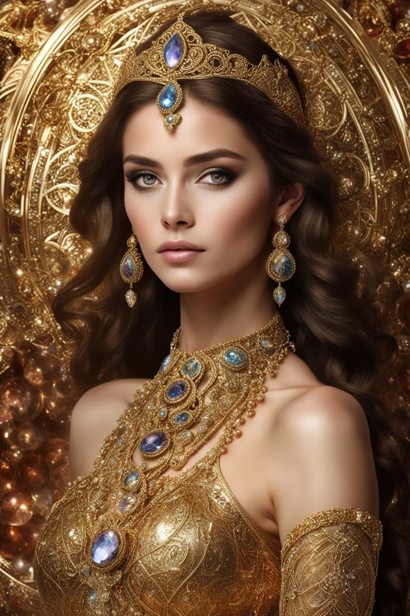 Fullbody photography ultra realistic natural beauty of young woman, beautiful, shiny hard eyes, make up, shiny baubles, ornate, large gemstones, shiny molten golden metalics, shiny wire filigree, luxury jewelry diamonds background,brown hair, high definition, high res,establishing shot