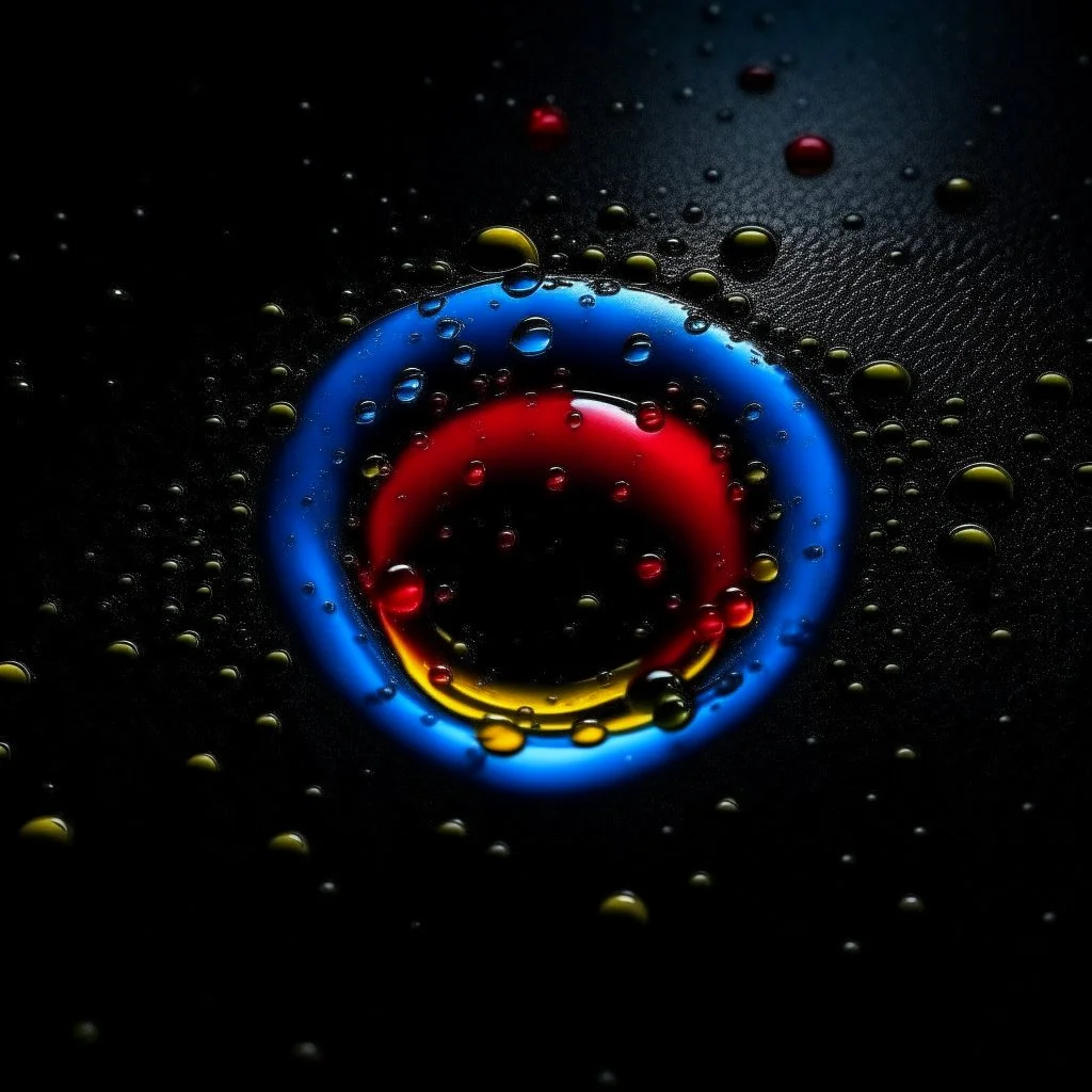 circle of waterdrops, dark romantic atmosphere with blue red and yellow