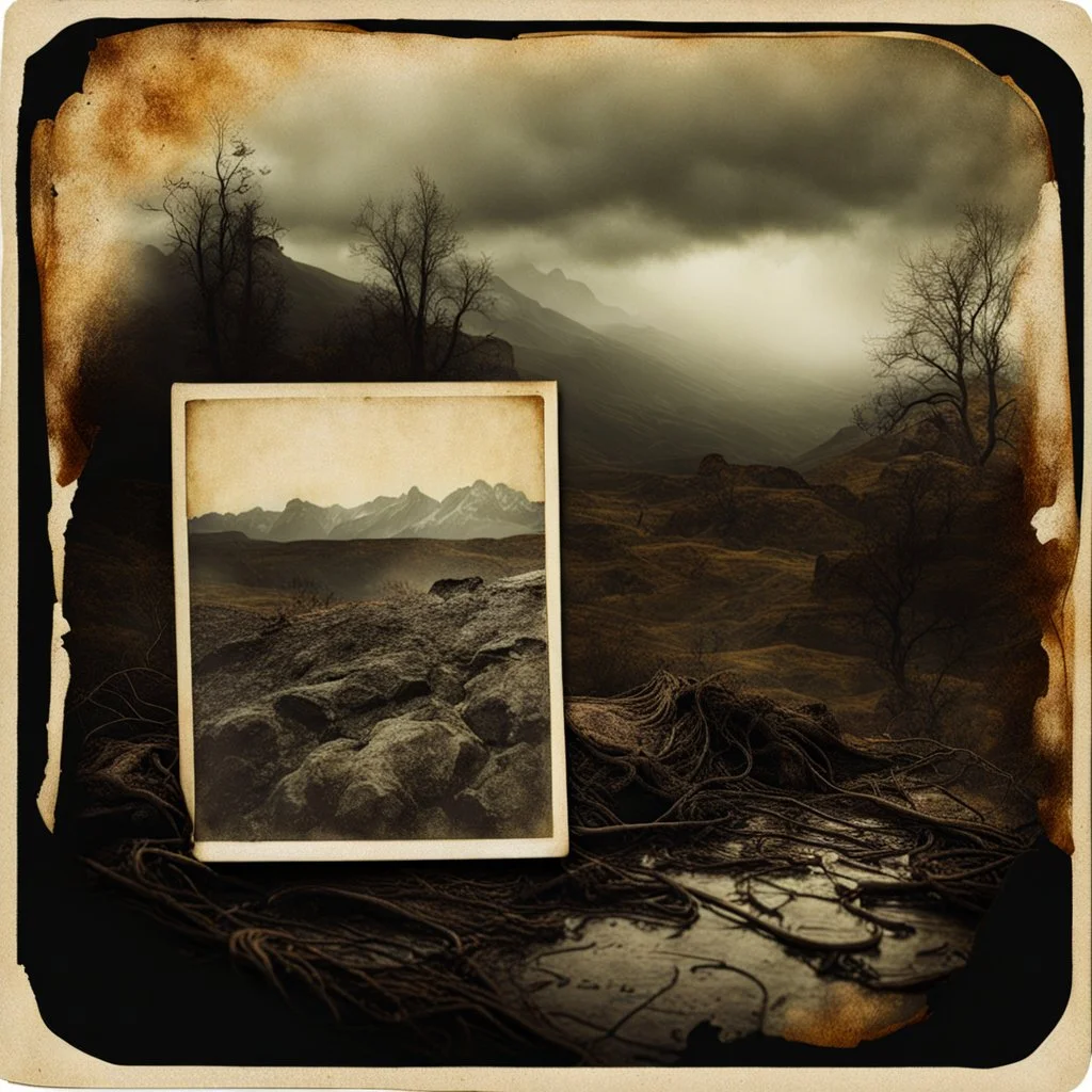 Polaroid detailed spooky landscape strong texture, extreme detail, distress, high contrast, rich colours, Alphonse Mucha