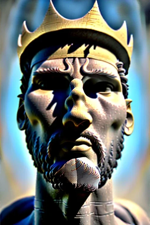 Ultra Realistic image, Roman sculpture, white marble material, Lionel Messi, gold crown of natural thorns, god crown, Miguel Angel style, sun rays background, waist up portrait, epic, celestial, cinematic lighting, God lights, 4k resolution, smooth details, soft lighting, unreal engine 5, art station, substance 3d.