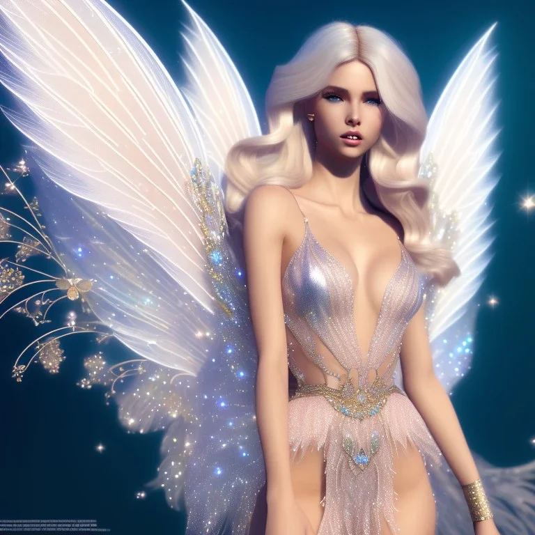 beautiful blonde fairy in a galactic ambiance, transparent wings, delicate colors, finely tuned detail, ultra high definition, 8 k, unreal engine 5, ultra sharp focus