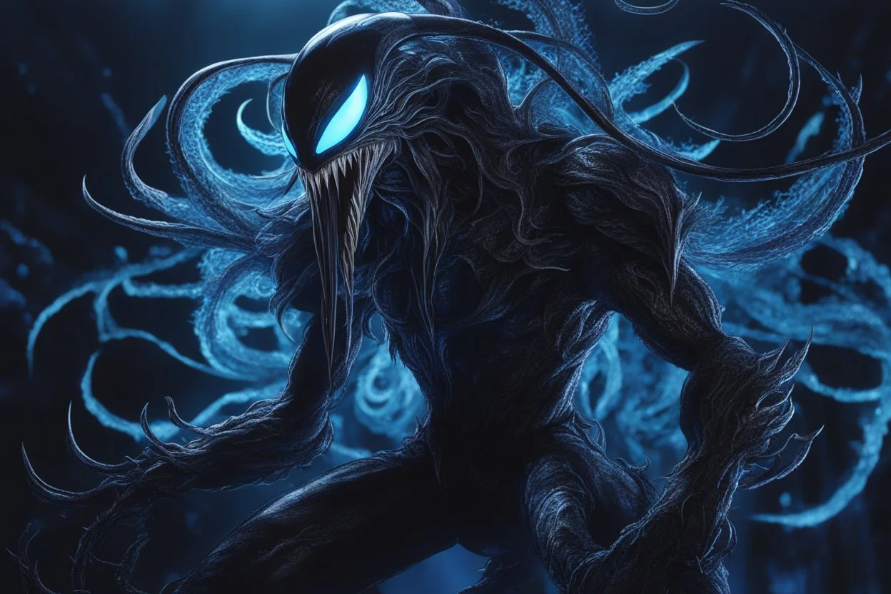 Huge symbiote in 8k solo leveling shadow drawing, Cthulhu model, neon blue lights, sea, intricate details, highly detailed, high details, detailed portrait, masterpiece,ultra detailed, ultra quality