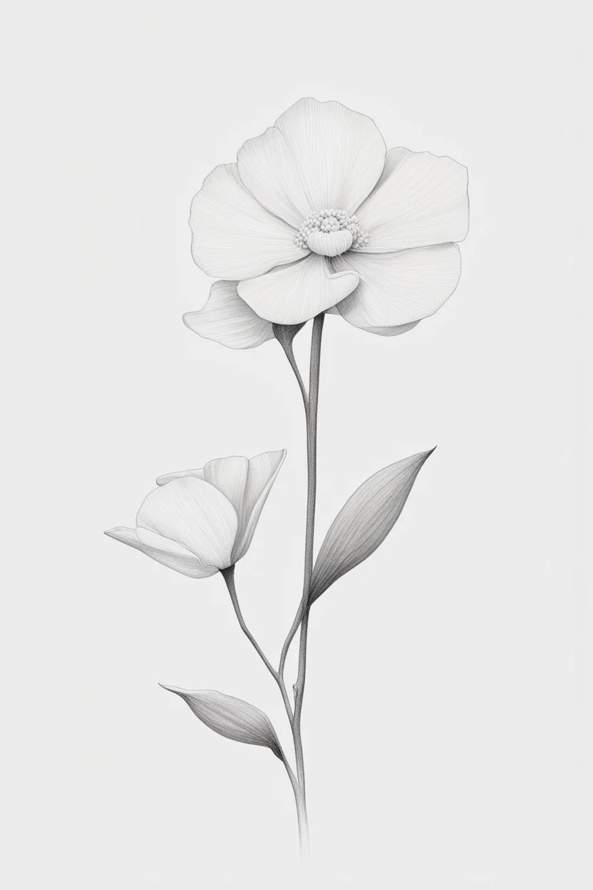 A white jasmine Minimalist white ink pencil and white drawing of white poppie in a white background
