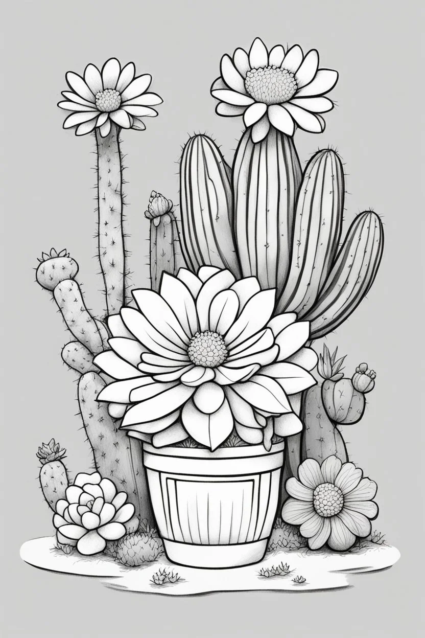 outline art for cute flower with cactus coloring pages with which, White background. sketch style, clean line art, white background, no shadow and clear