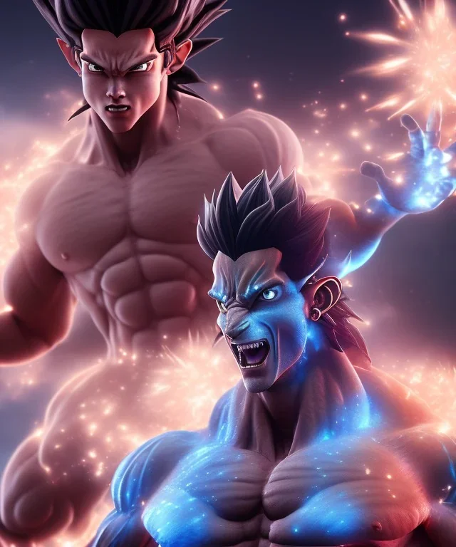 Goku, avatar style, fighting pose, muscular body, shirtless, volumetric details, hyper realism, unreal engine 5