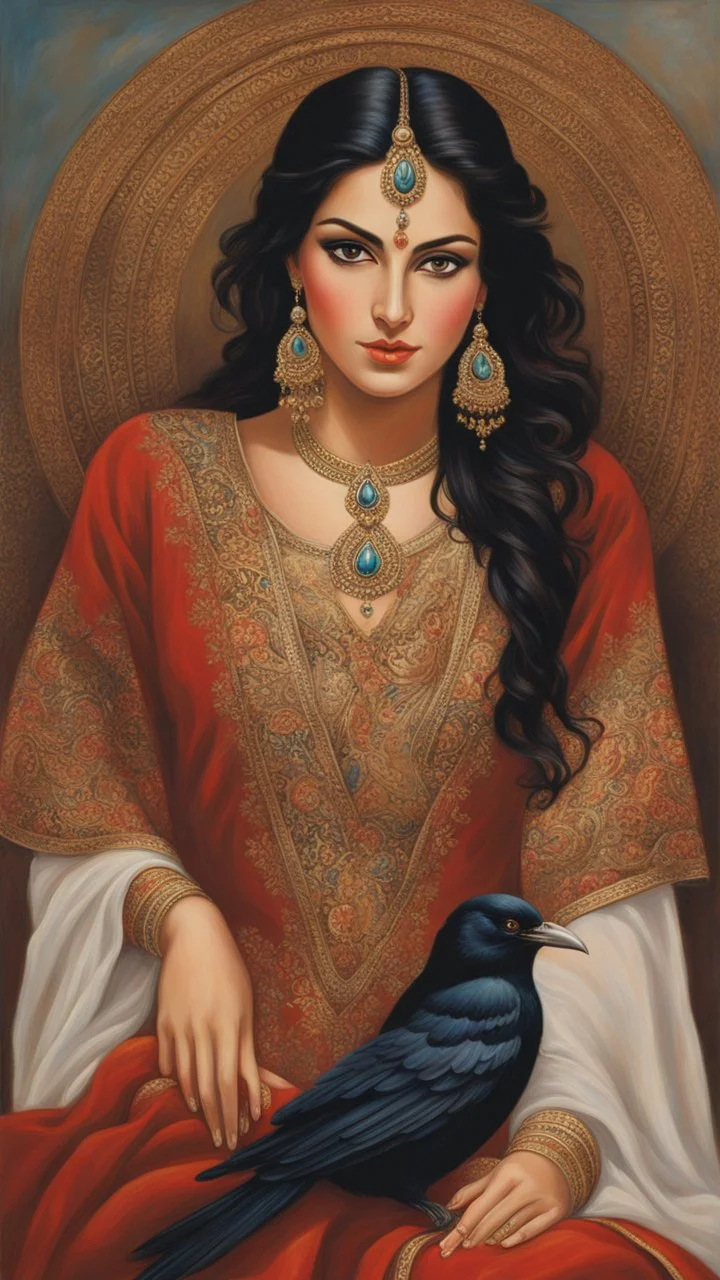 A stunningly radiant Persian woman, her face exudes timeless beauty and grace. Captured in a mesmerizing oil painting, every brushstroke delicately portrays her luminous complexion, enchanting brown eyes, and cascading raven-black hair. The artist's attention to detail brings out the intricate patterns of her traditional attire, adorned with vibrant colors and ornate gold embroidery. This exquisite portrait is a testament to the meticulous craftsmanship and expert artistry, transporting viewers