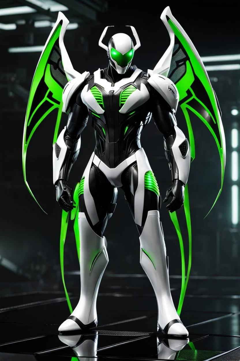 Cyborg symbiote, white color, green color, tendrils, high tech, cyberpunk, biopunk, membrane wings, carbon fiber