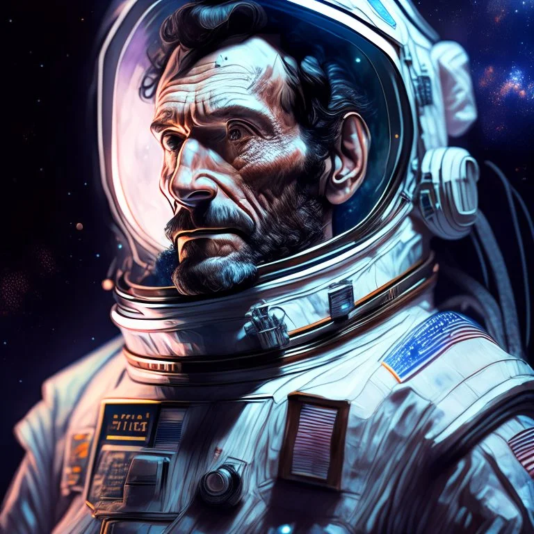 Portrait of Abraham Lincoln in a space suit in the style of Jim Lee and Paul Hedley, Gabriel Testino, 8k, cinematic, ultra hd, sharp focus