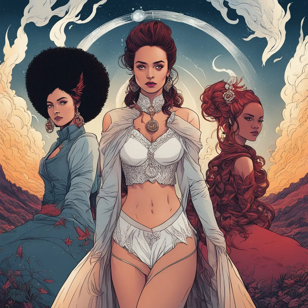 [american gods] three 3 Zorya sisters: Zorya Vechernyaya, Utrennyaya, Polunochnaya (dark magic, danger, stress), comic book style elements. The illustrations are in a square aspect ratio, with a low angle and wide-angle lens effect, blending cartoon, anime, fairy tale, and Moebius's styles. The images focus on line art and high contrast, digital concept art piece.