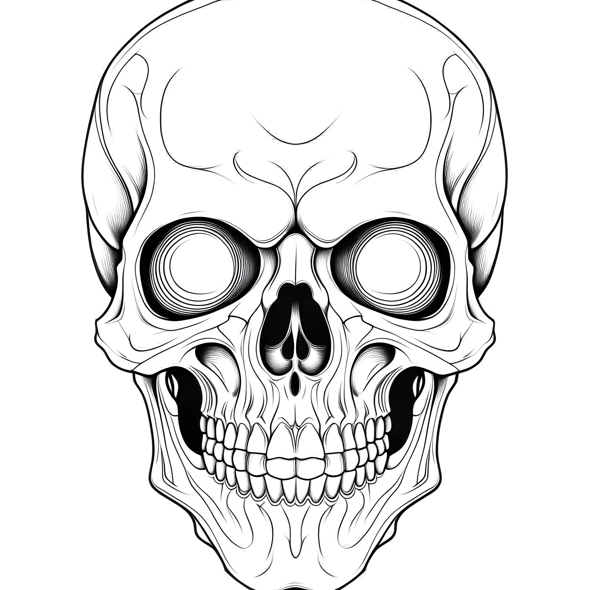 outline art for square scary skull coloring page for kids, classic manga style, anime style, realistic modern cartoon style, white background, sketch style, only use outline, clean line art, no shadows, clear and well outlined