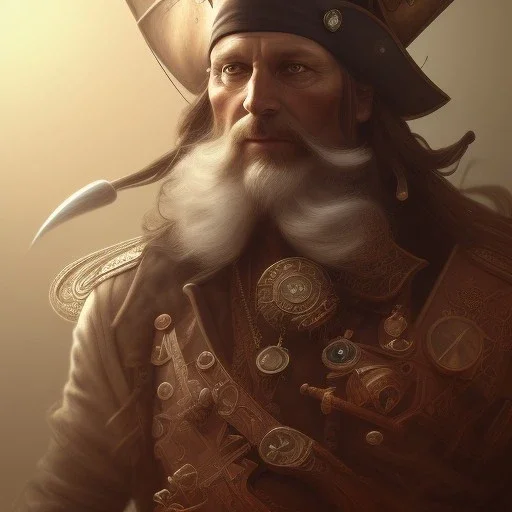 redshift style, painted portrait of a pirate, masculine, mature, pirates, upper body, grey and silver, fantasy, intricate, elegant, highly detailed, digital painting, artstation, concept art, smooth, sharp focus, illustration, art by gaston bussiere and alphonse mucha