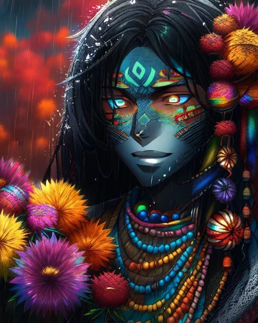 Vibrant autumn foliage in a rain-kissed setting, Ikebana arrangement, Haiku poetry inspiration, Japanese garden elements, autumn asters, Utagawa Hiroshige essence, Isaac Levitan influence, woman with dark skin, tribal markings, mysterious expression, piercing eyes, flowing black hair, colorful beads, layered textiles, bright hues, ornate jewelry, cultural richness, dark, blurred backdrop, GoBi, Наталья И-ва.Mystical character with pale blue scaly skin, icy green eyes, dark eyeliner, cascading da