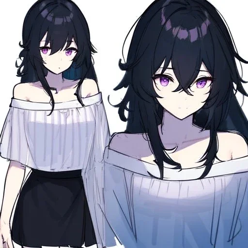 Clear focus, High resolution, rough line sketch art, long black hair, hair between eyes, fluffy hair, purple eyes, wearing a off shoulder shirt, no spaghetti strapes, dark aura, 1girl, wearing a skirt