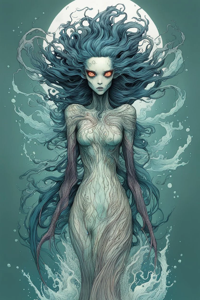 front facing full body illustration of a malevolent shape shifting female Funayurei water ghost with highly detailed facial features and translucent skin textures, in the style of Alex Pardee , Jean Giraud Moebius, and Katsushika Hokusai, highly detailed, boldly inked, deep murky aquatic color