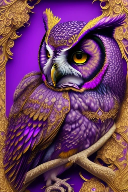 owl, purple and gold tones, insanely detailed and intricate, hypermaximalist, elegant, ornate, hyper realistic, super detailed, by Pyke Koch